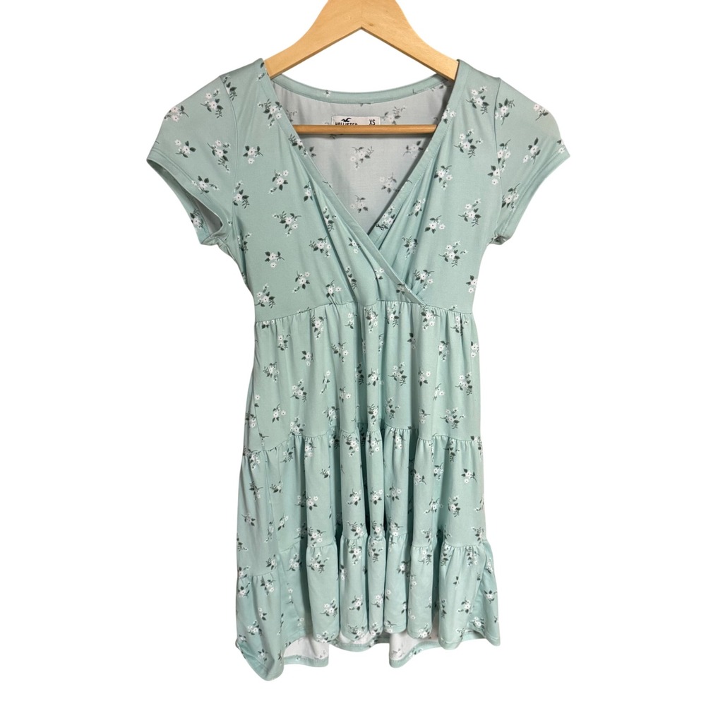 Hollister Womens XS Mint Green Floral Tiered Babydoll Dress Short Sleeve